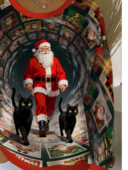 Women's time-traveling Santa Claus and cat print ugly sweatshirt