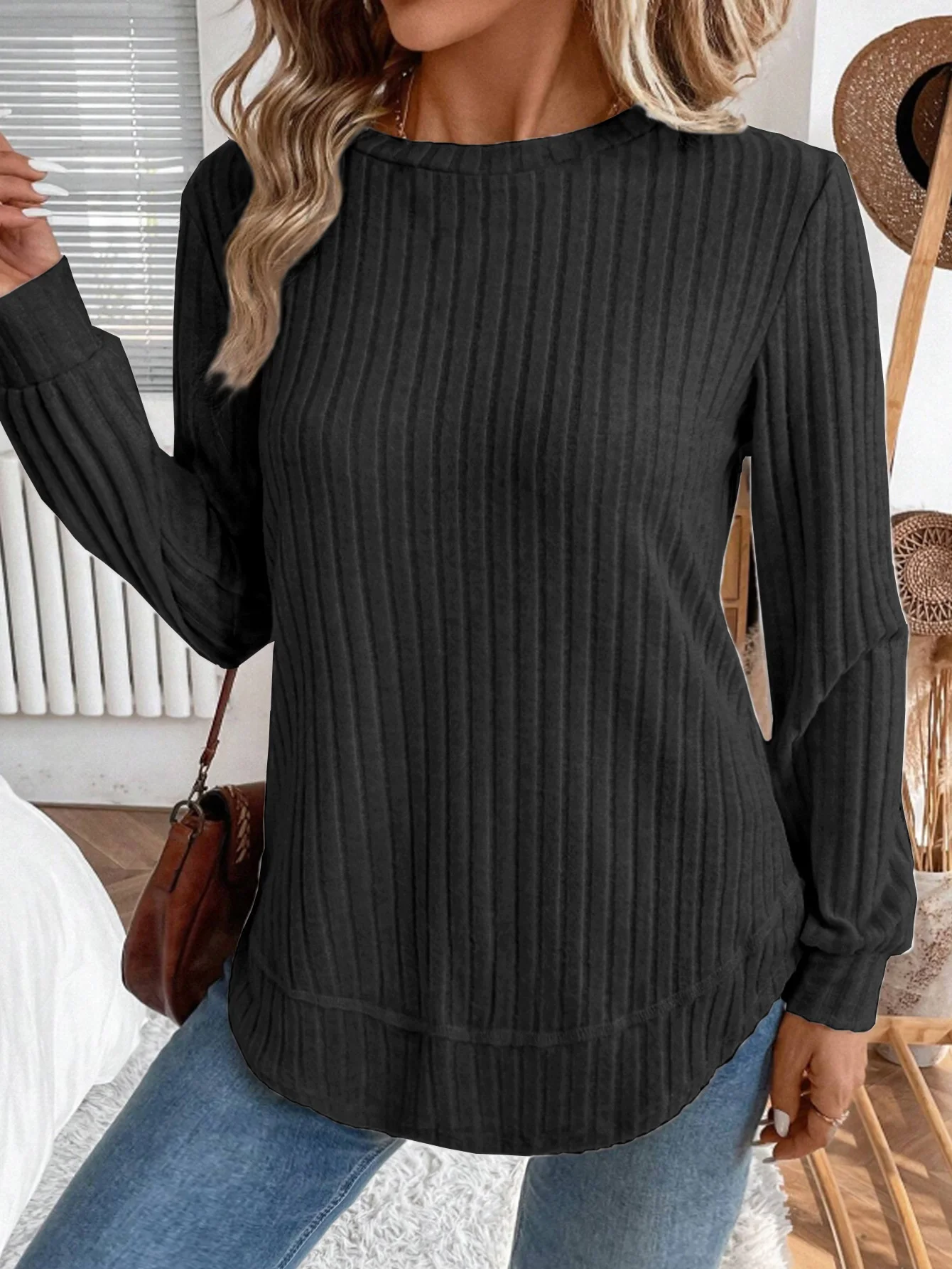 Plain Crew Neck Jersey Casual Knit Top