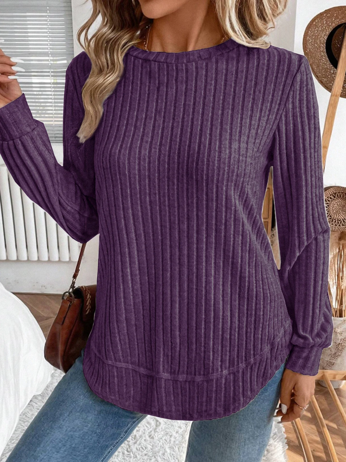 Plain Crew Neck Jersey Casual Knit Top