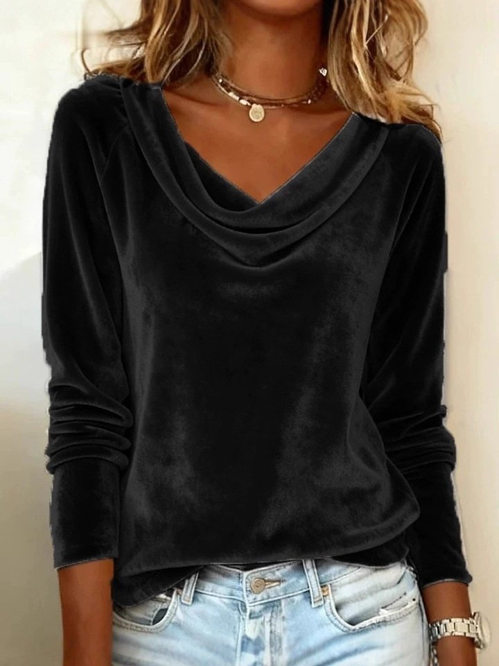 Women's Long Sleeve T-shirt Spring/Fall Golden Plain Split Joint Cowl Neck Daily Going Out Vintage Top