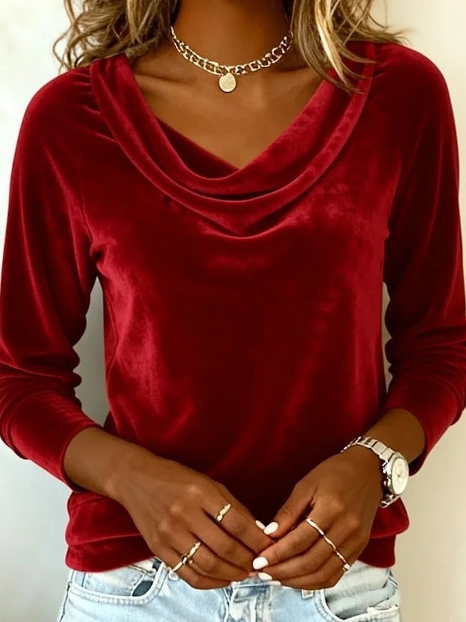 Women's Long Sleeve T-shirt Spring/Fall Golden Plain Split Joint Cowl Neck Daily Going Out Vintage Top