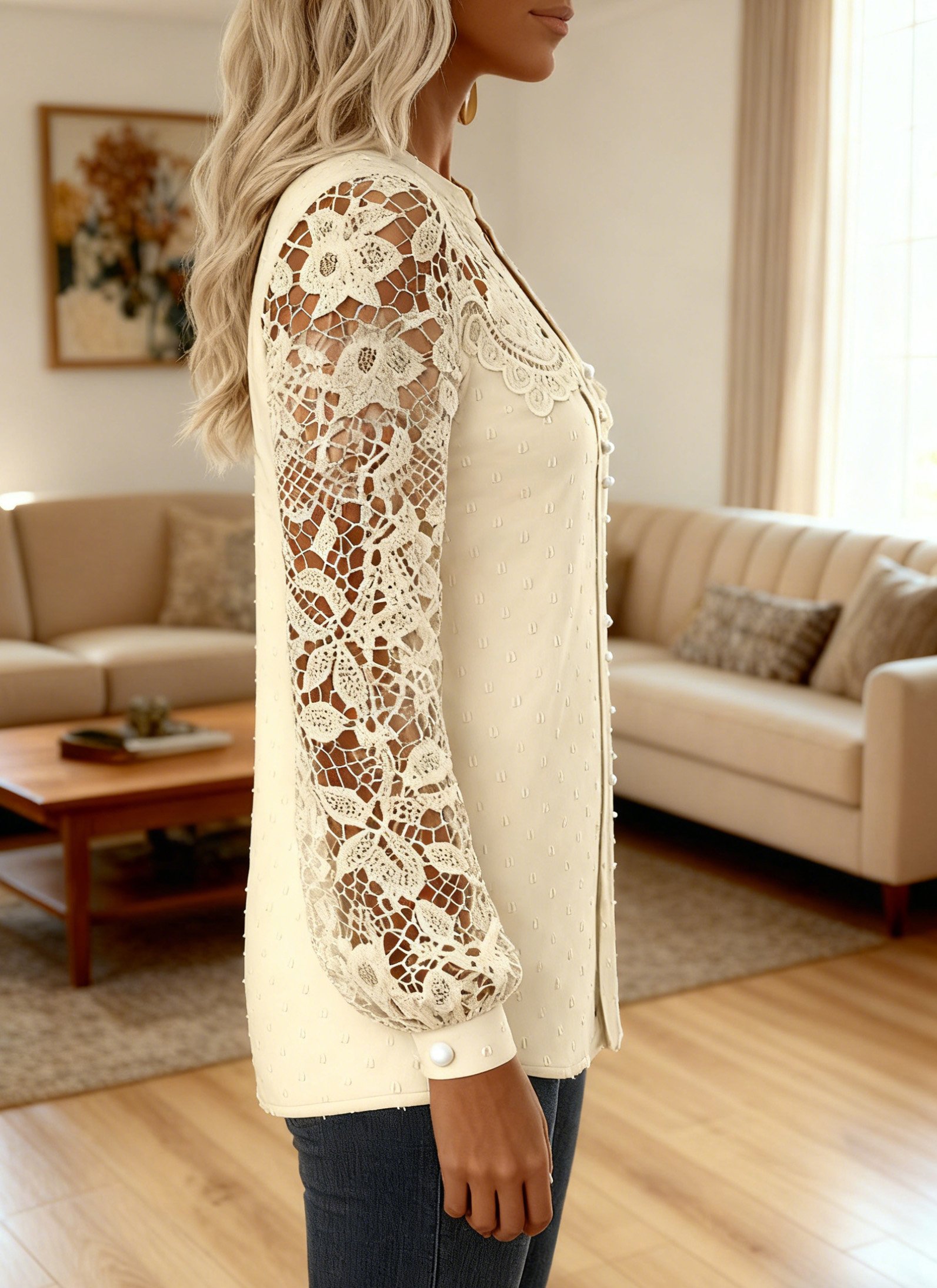 Regular Fit  A-Line Casual Lace  Blouse