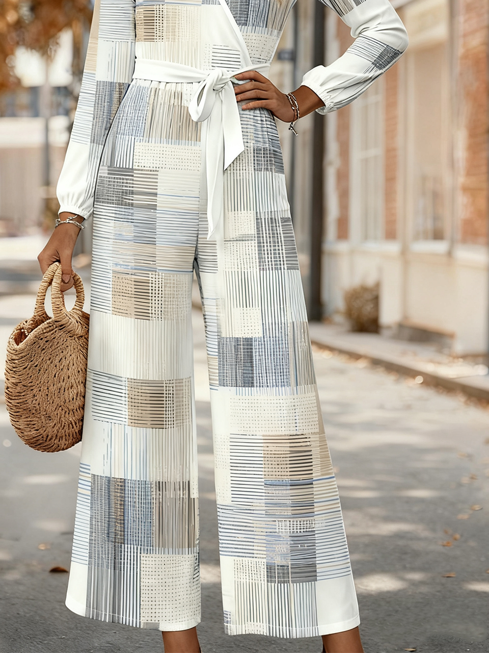 V Neck Loose Elegant Plaid Jumpsuit