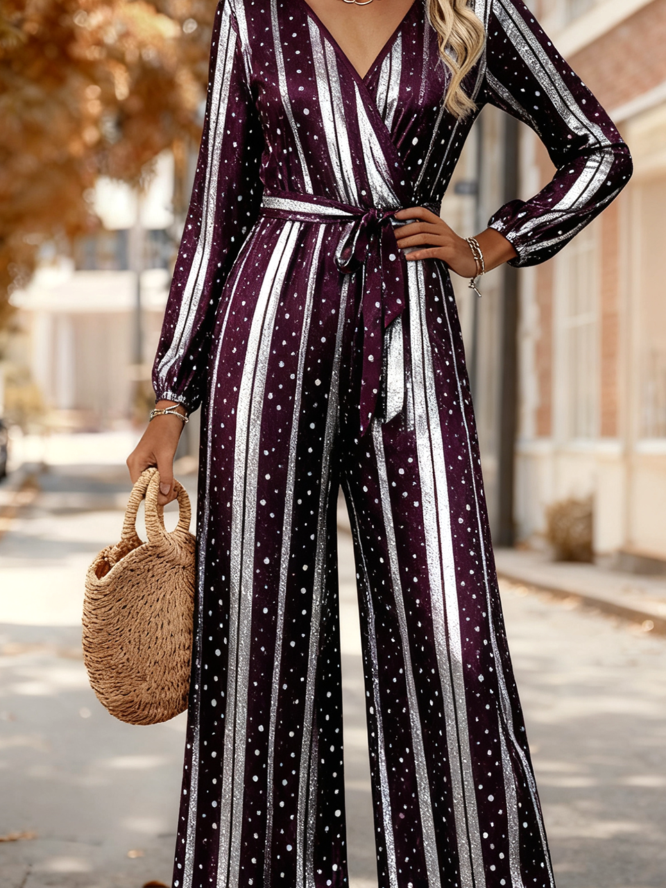 Polka Dots V Neck Loose Elegant Jumpsuit