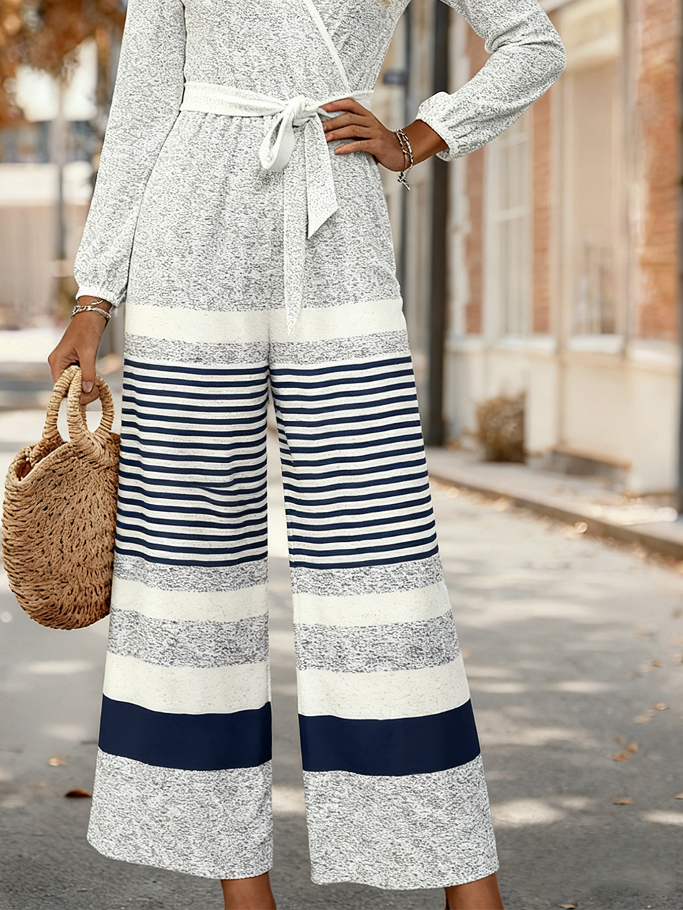Striped V Neck Elegant Loose Jumpsuit