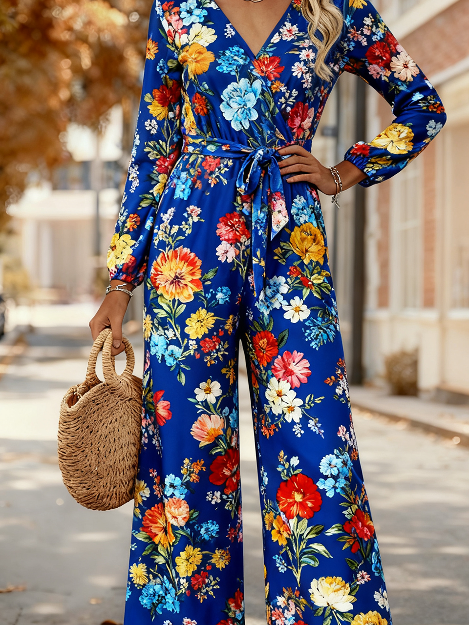 Loose Elegant V Neck Gradient Pattern Jumpsuit