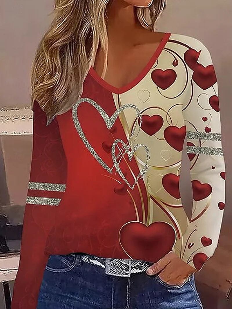 Women's Long Sleeve T-shirt Spring/Fall Red Heart/Cordate Printing Jersey V Neck Daily Going Out Casual Top