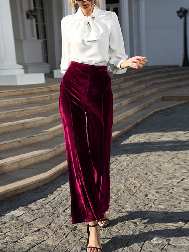 Women's  Elastic Waist H-Line Wide Leg Pants Daily Going Out Pants Wine Red Casual Split Joint Plain Spring/Fall Pants