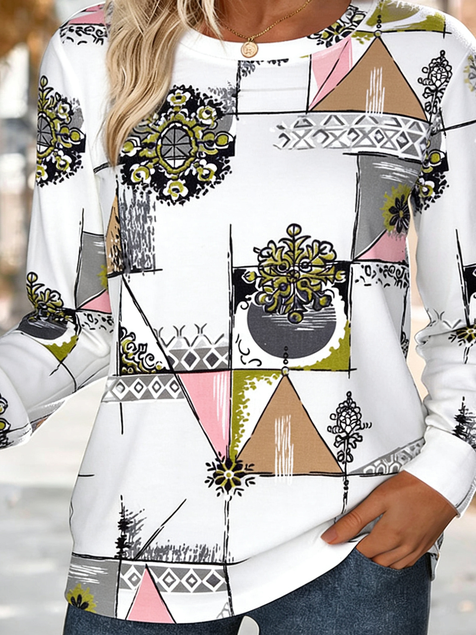 Simple Crew Neck Loose Plaid Sweatshirt