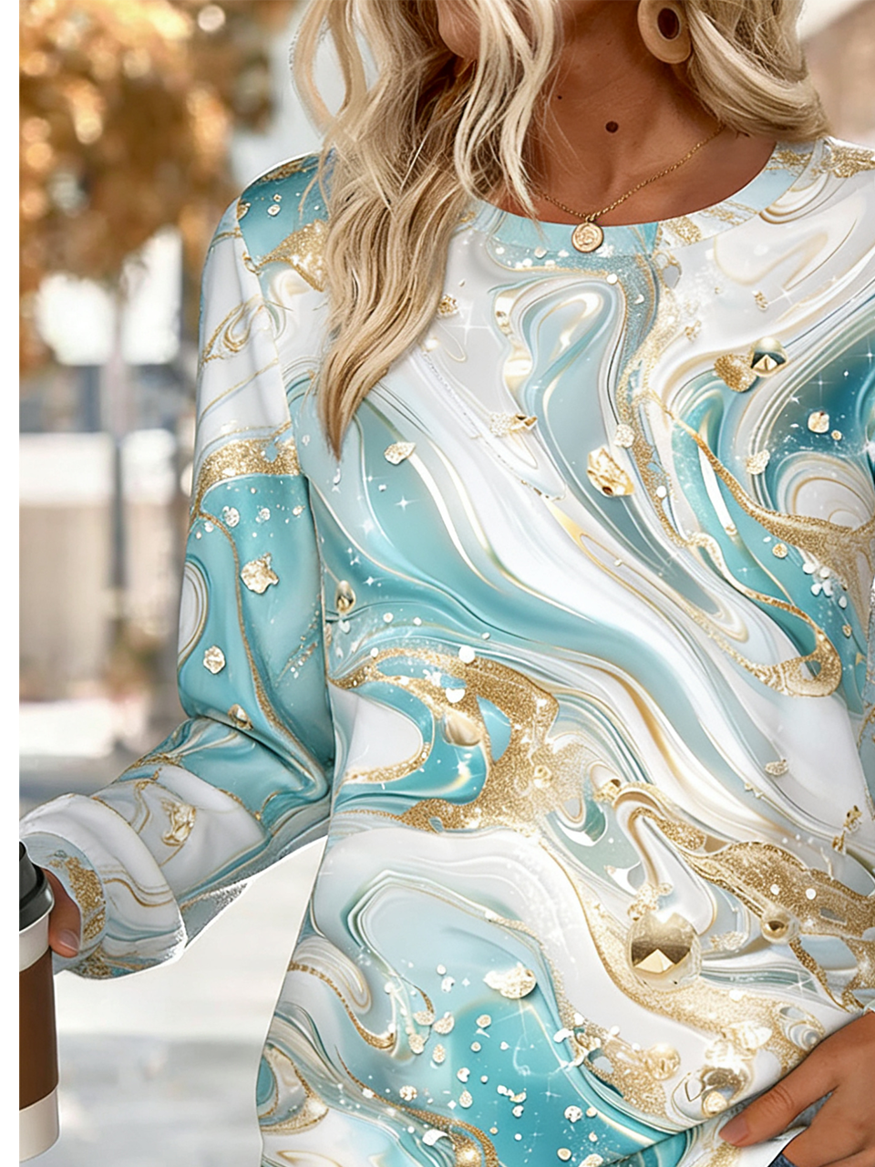 Chevron Cotton-Blend Casual Crew Neck Sweatshirt