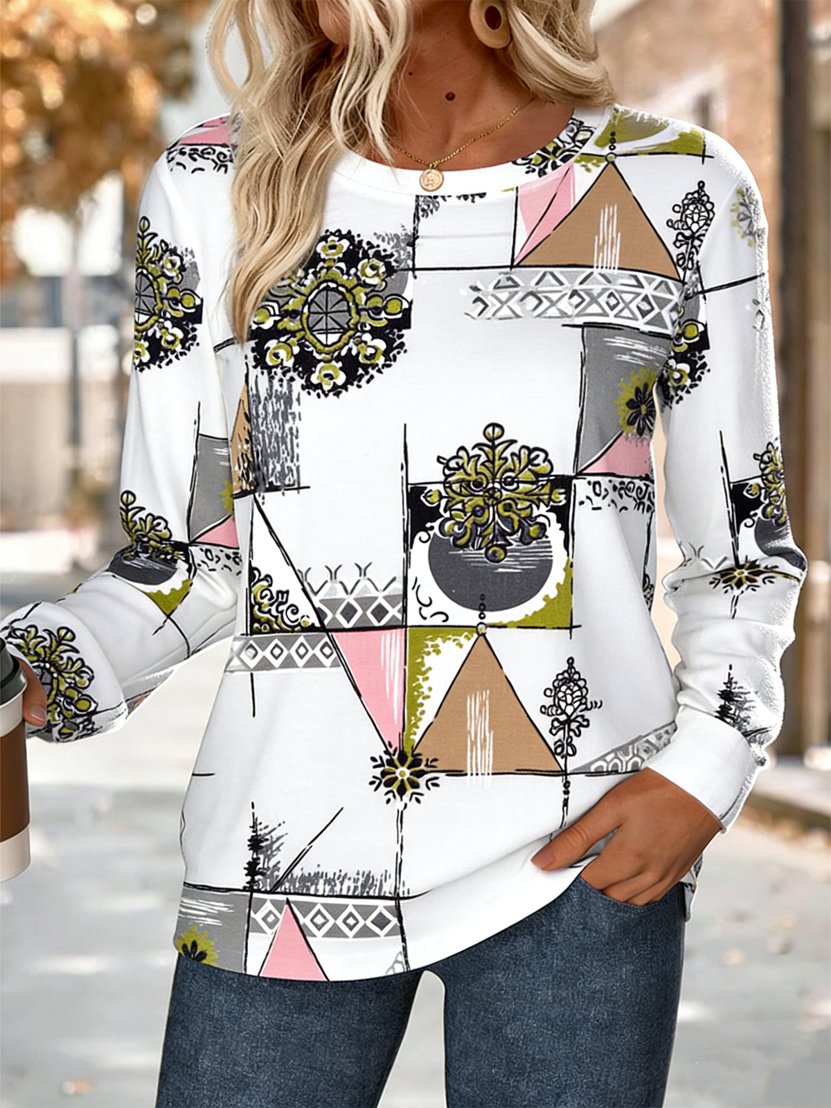 Simple Crew Neck Loose Plaid Sweatshirt