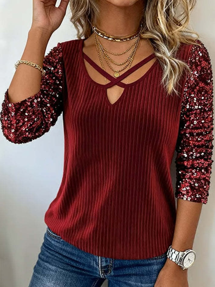 Women's Long Sleeve T-shirt Spring/Fall Red Plain Split Joint V Neck Daily Going Out Vintage Top