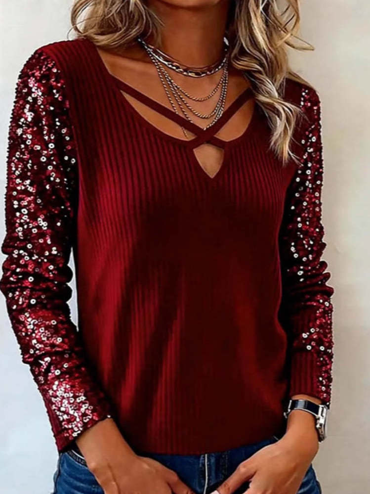Women's Long Sleeve T-shirt Spring/Fall Red Plain Split Joint V Neck Daily Going Out Vintage Top