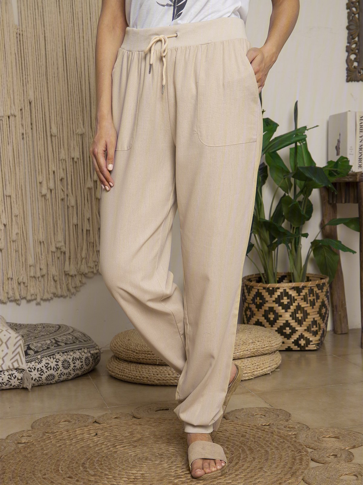 Solid Drawstring Casual Linen Pants Women Trousers