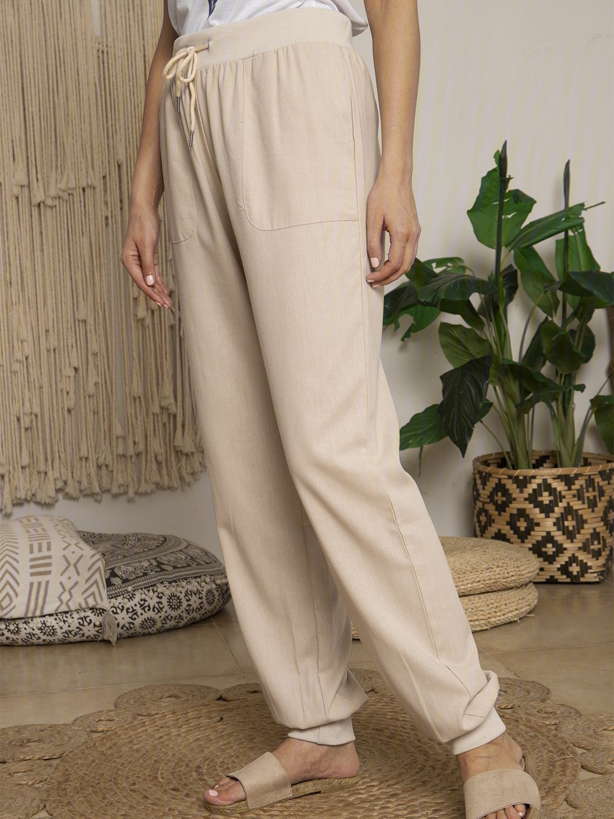 Solid Drawstring Casual Linen Pants Women Trousers