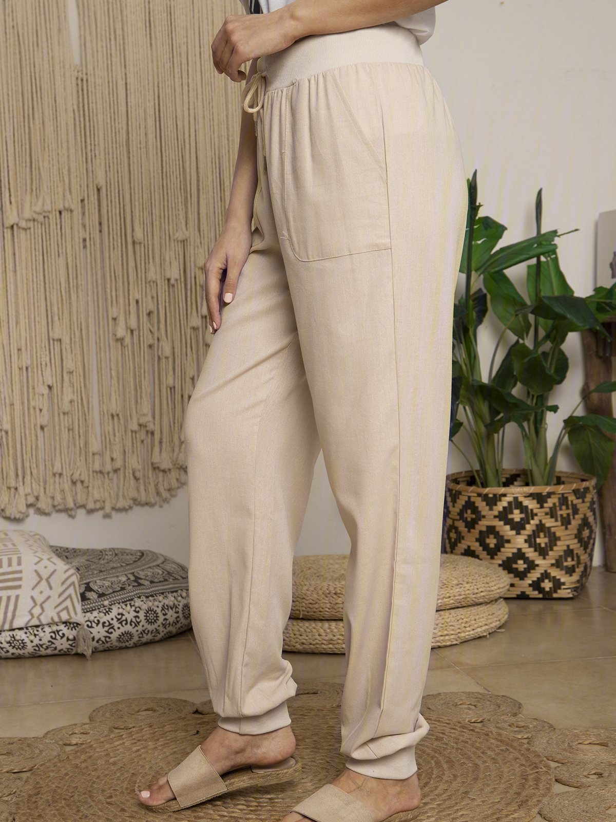 Solid Drawstring Casual Linen Pants Women Trousers