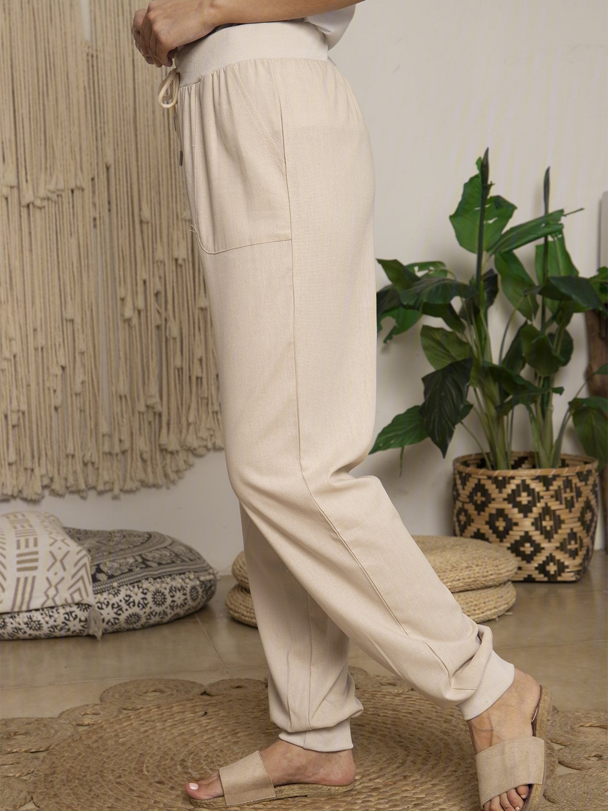 Solid Drawstring Casual Linen Pants Women Trousers