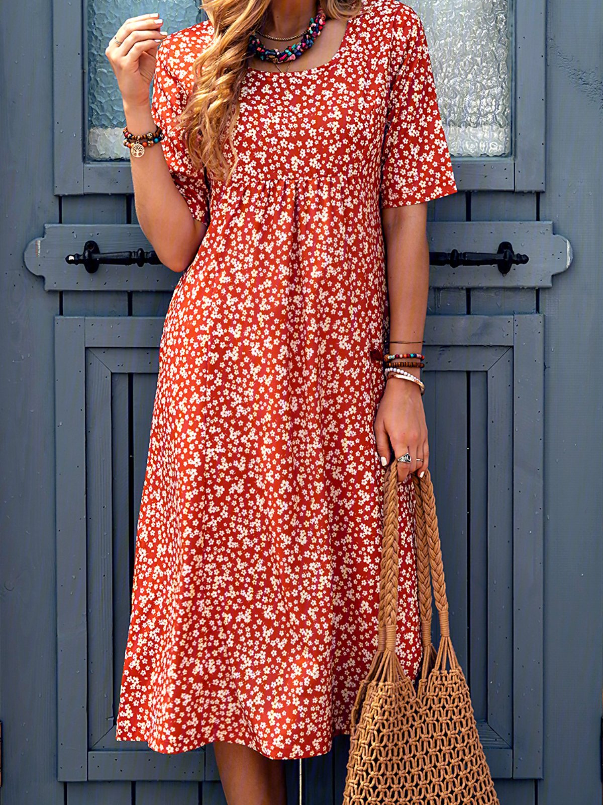 Women Casual Flora-Print Short Sleeve Casual Dress