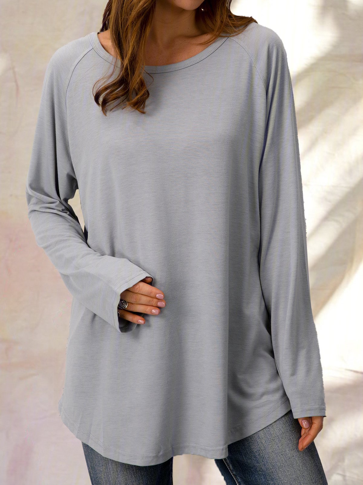 Gray Cotton Casual Crew Neck Solid T-shirt