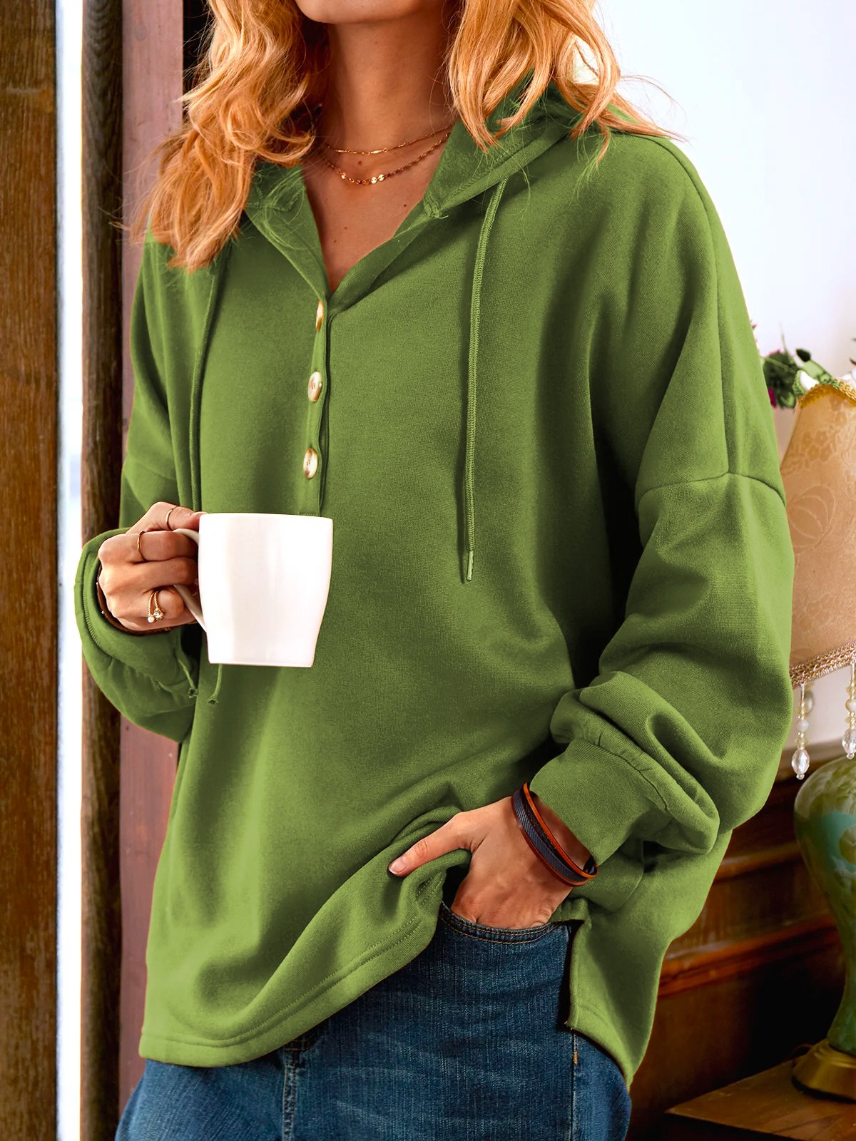 Khaki Long Sleeve Buttoned Sweatshirt