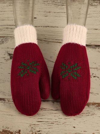 Christmas Botanical Red Knitted Gloves Holiday Party Matching Gloves Stretch Gloves Xmas Gloves