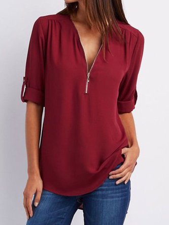 Women Casual Chiffon Solid Zipper Half Sleeve V neck Blouse