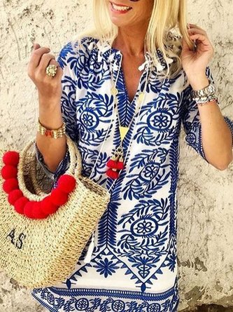 zolucky Ethninc Half Sleeves Bohomian Vintage Holiday Shift Dress