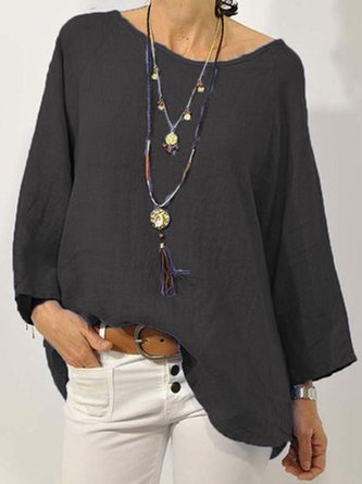 zolucky Women Solid Long Sleeve Linen Daily Casual Top