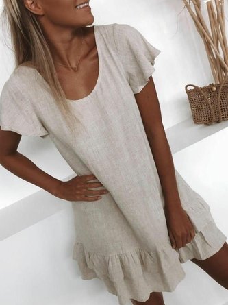 zolucky Plus Size Casual U-Neck Solid Short Sleeve Mini Weaving Dress