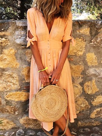 zolucky Women Half Sleeve V-neck Solid Elegant Casual Dress