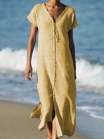 zolucky Blue Cotton-Blend Casual Weaving Dress
