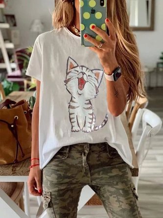 Women Short Sleeve Round Neck Cat Floral Casual Top