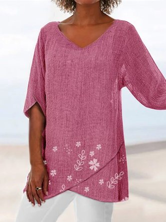 Women Floral Print Irregular V Neck Blouse