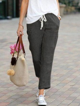 Solid Drawstring Casual Linen Pants