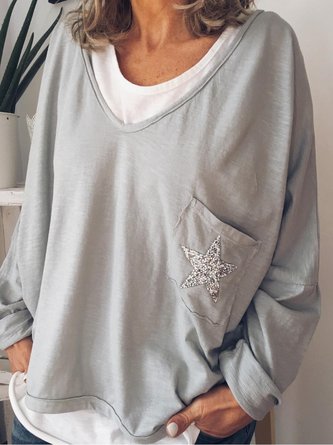zolucky Grey Holiday Cotton-Blend Pockets V Neck Top