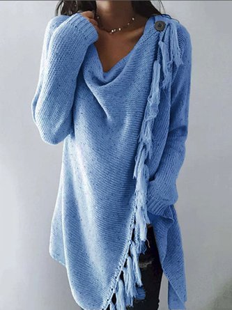 Cotton-Blend Casual Cowl Neck Plain Tops