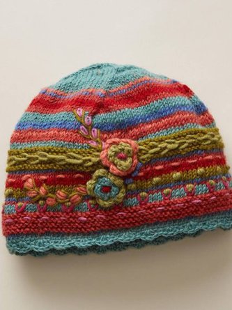 Women Red Casual Floral Knitted Hats