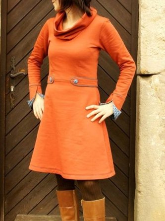 zolucky Long Sleeve Cotton-Blend Plain Knitting Dress