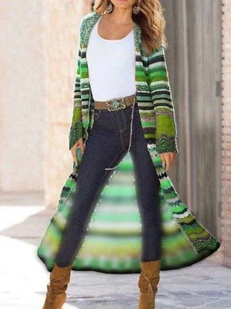 Women Multicolor Shift Knitted Long Sleeve Tribal Fleece Coat