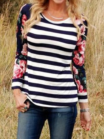 Red Long Sleeve Round Neck Cotton-Blend T-shirt