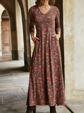 Women V Neck Cotton Floral Long Sleeve Boho Maxi Dress