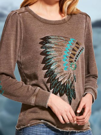 Round Neck Cotton-Blend Long Sleeve Color-Block Top