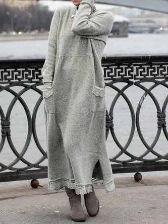zolucky Gray Crew Neck Cotton Casual Knitting Dress