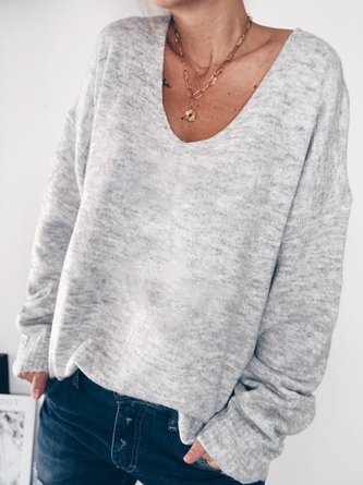 Gray Solid Casual V Neck Knitwear & Sweaters