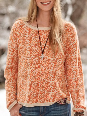 Orange Cotton-Blend Round Neck Long Sleeve Printed Top