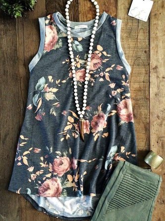 Black Vintage Round Neck Floral-Print Shift Tank Top