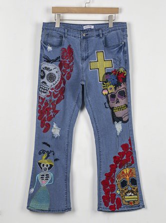 Women's  Casual  Solid Abstract Printed Loose Denim Trousers