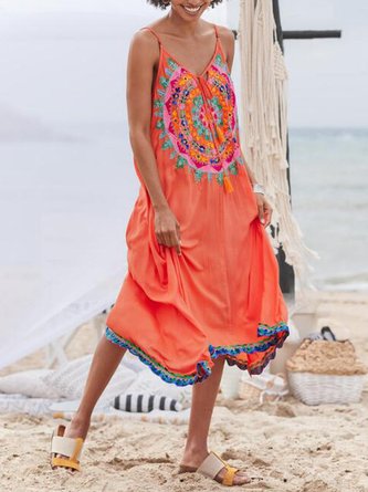 Orange V Neck Cotton-Blend Casual Pants