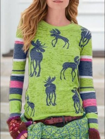 zolucky Green Round Neck Casual Long Sleeve Top