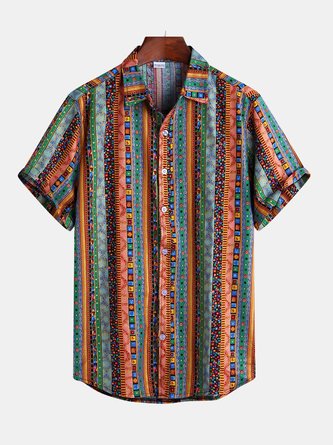 Summer Boho Casual Beach Geometric Printed Short Sleeve Men's Tops & Shirts